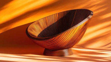 A beautifully crafted wooden bowl showcased against an eye-catching orange background, highlighting texture and curvaceous design, creating a vivid visual experience.の素材