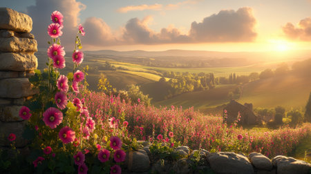 This beautiful landscape captures vibrant flowers in full bloom against a backdrop of rolling hills and a picturesque sunset, evoking tranquility and natural beauty.の素材