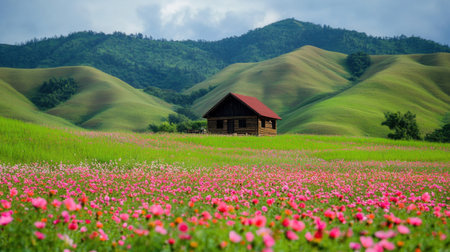 A captivating landscape showcases a rustic cabin nestled among vibrant fields of wildflowers, framed by gently rolling green hills and a dramatic sky.の素材