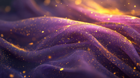 A stunning abstract image featuring flowing purple textures adorned with shimmering particles, perfect for artistic designs, backgrounds, and creative projects.の素材