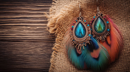 Stunning bohemian feather earrings with colorful gemstones against a rustic wooden background. Perfect accessory to enhance any outfitの素材