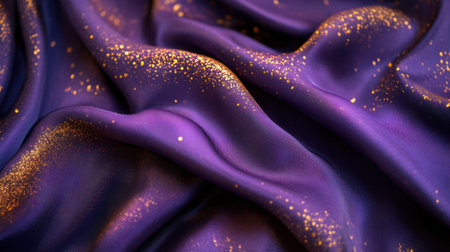 A close-up view of luxurious purple fabric adorned with golden glitter highlights, perfect for fashion design, elegant textiles, or creative projects.の素材