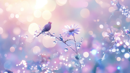 A serene scene featuring a delicate bird resting on a flower petal, surrounded by soft bokeh lights and shimmering water droplets, evoking tranquility.の素材