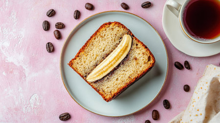 A tempting slice of banana bread freshly baked and placed on a light pink plate, paired with a steaming cup of coffee, creating a cozy culinary scene.の素材