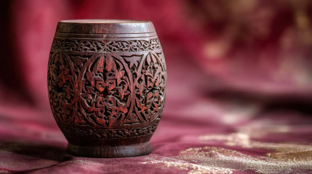 This image showcases an intricately carved wooden container adorned with a stunning floral design, set against a rich fabric background.の素材