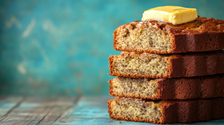 A stack of fluffy banana bread slices topped with a pat of melted butter, beautifully presented against a vibrant blue background. Perfect for food lovers.の素材