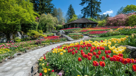 A stunning spring garden featuring a vibrant arrangement of tulips along a winding stone pathway, leading to a charming pavilion surrounded by lush greenery.の素材