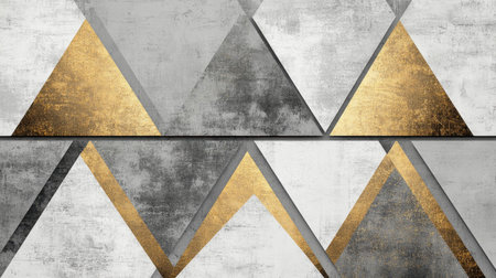 This geometric pattern features golden triangles against a grey and white textured background, ideal for modern decor or design projects.の素材