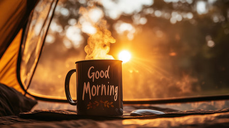 A warm coffee mug with a "Good Morning" message emits steam as the sun rises in a tranquil outdoor setting, creating a serene and cozy atmosphere.の素材
