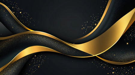 This stunning image features an elegant black background with flowing gold ribbons and shimmering particles, perfect for luxurious design projects and celebrations.の素材