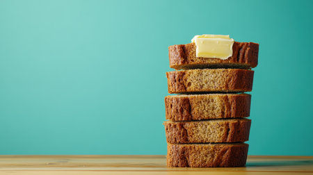A visually appealing image of freshly baked bread loaves stacked high, topped with a smooth pat of butter, set against a vibrant turquoise backdrop.の素材