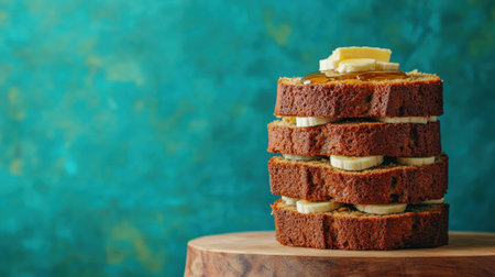 A delectable stack of banana bread slices topped with butter against a vibrant teal background. Ideal for breakfast or dessert ideas.の素材