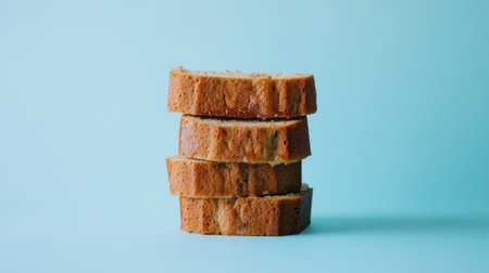 Close-up of four slices of freshly baked loaf bread stacked perfectly on a light blue background, ideal for food photography and culinary presentations.の素材