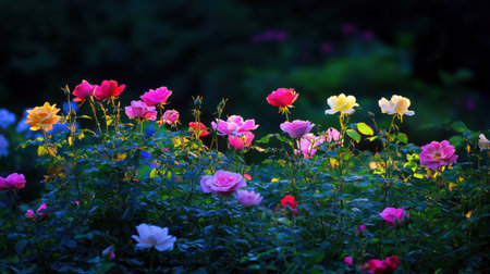 A stunning array of blooming roses in various colors captures the essence of nature's beauty. Soft light highlights the delicate petals, creating a serene garden atmosphere.の素材