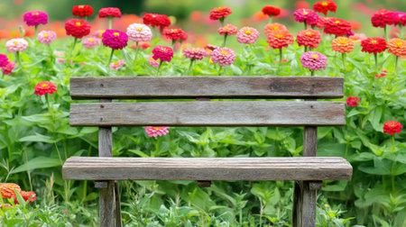 A charming wooden bench nestled among a vibrant array of colorful flowers, creating a perfect spot for relaxation in a serene garden setting.の素材
