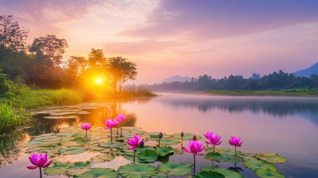 A breathtaking view of a serene landscape showcasing vibrant lotus flowers blooming on calm water during sunrise, surrounded by lush greenery.の素材