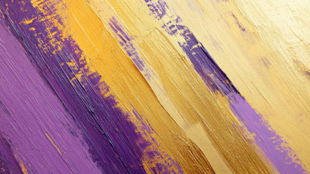 This abstract artwork features striking brush strokes of purple and gold, showcasing vibrant colors on a textured canvas. Ideal for creative projects.の素材