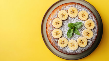 A beautiful banana cake garnished with fresh banana slices and mint leaves on a vibrant yellow background, perfect for dessert lovers and special occasions.の素材