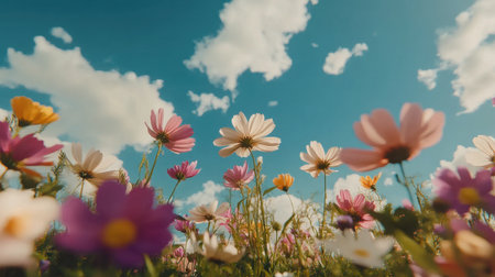 A stunning view of a vibrant flower field basking in the warmth of a sunny day, showcasing blooming petals against a bright blue sky with fluffy clouds.の素材
