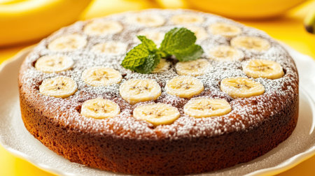 A delightful banana cake topped with fresh banana slices and mint leaves, surrounded by a vibrant yellow background, perfect for dessert lovers.の素材