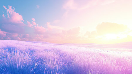 A breathtaking view of a pastel landscape showcasing lush grasses under a colorful sky at sunrise. The tranquil atmosphere evokes peace and serenity.の素材