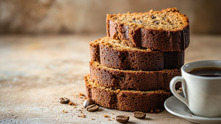 A rustic scene featuring freshly baked coffee cake slices stacked beside a warm mug of black coffee on a charming wooden table. Perfect for breakfast or dessert.の素材
