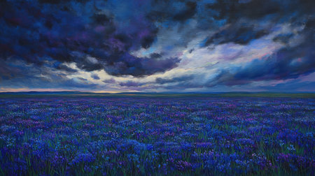 A breathtaking scene capturing a sprawling field of violet blooms under a dramatic cloud-laden sky at dusk. The vivid colors evoke tranquility and showcase nature's beauty.の素材