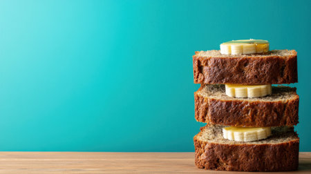 A visually appealing arrangement of sliced brown bread layered with fresh banana and honey, set on a wooden table with a vibrant blue background, perfect for food photography.の素材