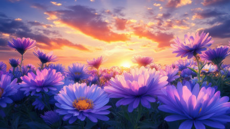 A breathtaking scene of vibrant purple flowers blooming under a stunning sunrise. The sky is filled with dramatic clouds and warm sunlight, creating a peaceful atmosphere.の素材