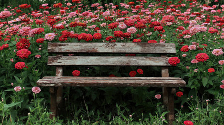 A rustic wooden bench is surrounded by a stunning display of colorful zinnias in full bloom, creating a serene outdoor space for relaxation and enjoyment.の素材