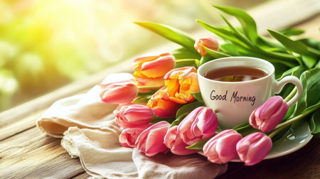 A serene morning scene featuring a white coffee cup surrounded by vibrant pink and orange tulips on a wooden table, capturing a warm and inviting atmosphere.の素材