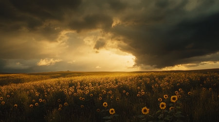 A stunning landscape featuring a vast field of sunflowers under a dramatic sky, capturing the interplay of light and shadows at dusk.の素材