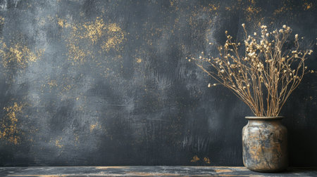A rustic vase filled with dried flowers sits elegantly against a richly textured dark wall, creating a serene and moody atmosphere perfect for modern home decor.の素材
