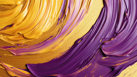 This image showcases vibrant yellow and purple paint swirls, creating an abstract and dynamic composition. Ideal for creative projects, it embodies modern artistic expression.の素材
