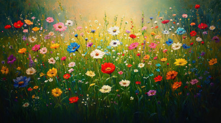 A stunning display of vibrant wildflowers in a lush meadow, illuminated by soft morning light, celebrating nature's beauty and tranquility.の素材
