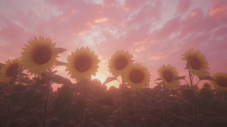 A stunning view of sunflowers in a field during sunset, presenting vibrant colors of pink and purple in the sky, evoking tranquility and beauty.の素材