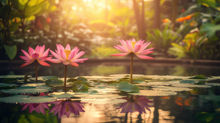 A serene scene featuring three pink lotus flowers gracefully blooming above a calm pond, surrounded by lush green leaves and gentle light.の素材