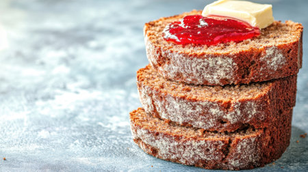 A mouthwatering presentation of stacked slices of brown bread topped with butter and vibrant jam, perfect for breakfast or snack time.の素材