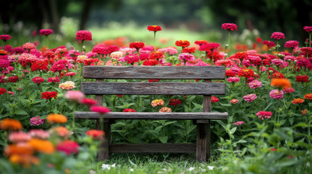 A serene wooden bench sits in the middle of a garden filled with vibrant zinnias, creating a perfect spot for relaxation and enjoying nature.の素材