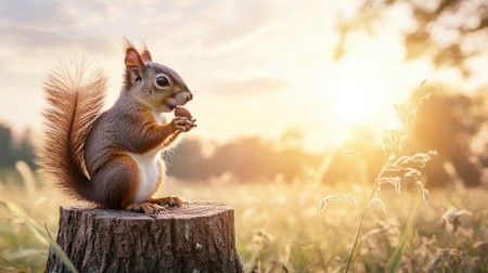 A captivating image of a cute squirrel holding a nut while perched on a tree stump, set against a serene sunset backdrop in natureの素材