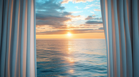 Breathtaking view of a tranquil ocean at sunrise framed by white curtains, evoking feelings of peace and inspiration in a serene setting.の素材