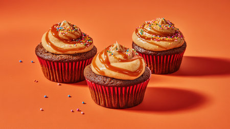 This vibrant image features three luscious chocolate cupcakes topped with creamy caramel frosting and colorful sprinkles, perfect for any celebration.の素材