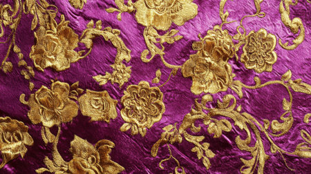 This stunning image showcases an intricate embroidered floral pattern on a rich purple fabric, enhanced with luxurious gold threads. Ideal for design projects.の素材