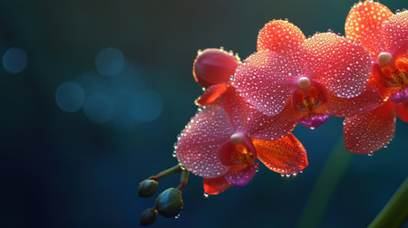 Stunning close-up view of a pink orchid adorned with shimmering water droplets, captures the essence of nature's beauty against a soft gradient backdrop.の素材