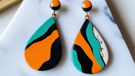 Discover these vibrant abstract pattern polymer clay earrings featuring orange, green, black, and white swirls, perfect for elevating any outfit.の素材