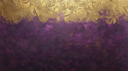 This abstract textured background showcases a stunning blend of golden roses atop a rich purple canvas, perfect for artistic projects and design work.の素材