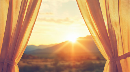 An inviting sunrise view through delicate curtains highlights the beauty of a tranquil morning. Majestic mountains and a golden horizon create a serene landscape.の素材
