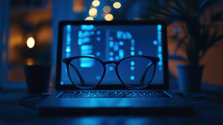 Close-up view of glasses placed on a laptop in a dimly lit room. The screen displays glowing code, creating a cozy atmosphere enriched by houseplants.の素材