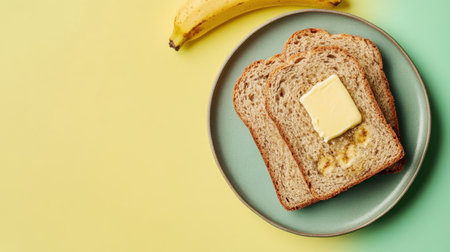 Enjoy a visually appealing plate featuring three slices of whole grain bread with creamy butter and a ripe banana, perfect for a nutritious breakfast.の素材