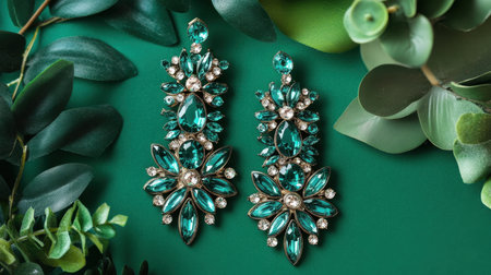 A stunning pair of elegant green gemstone earrings showcased against a vibrant tropical leaf background, highlighting intricate design and luxurious details.の素材
